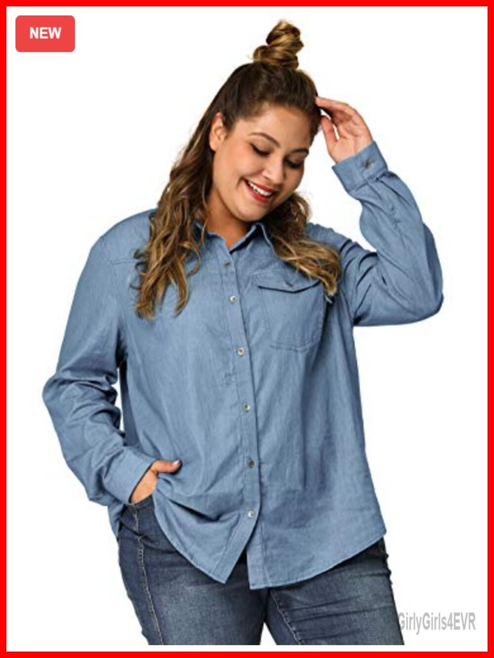 Plus Size Chambray Shirt Long Sleeve Button Down Top